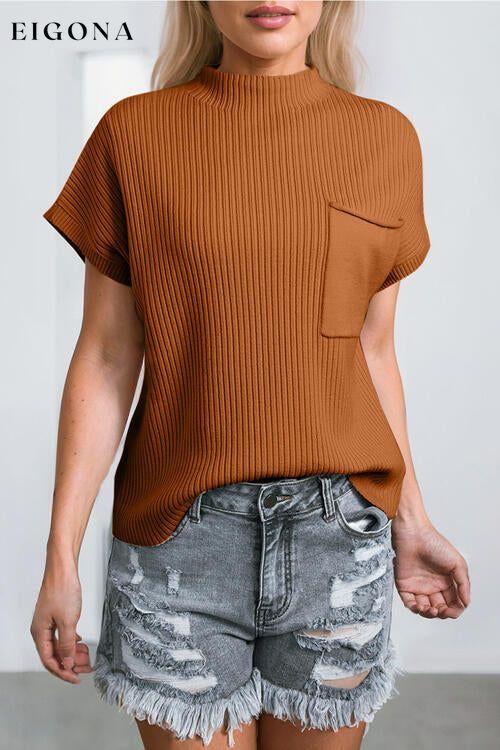 Ribbed Mock Neck Short Sleeve Knit Top clothes Ship From Overseas SYNZ