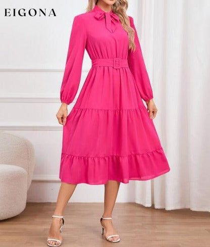 Tie Neck Long Sleeve Tiered Dress Hot Pink clothes H.Y.G@E Ship From Overseas