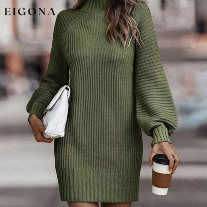 Mock Neck Lantern Sleeve Sweater Dress Green casual dresses clothes dress dresses Ship From Overseas Shipping Delay 09/29/2023 - 10/04/2023 sweater dress Y@Y@D@Y