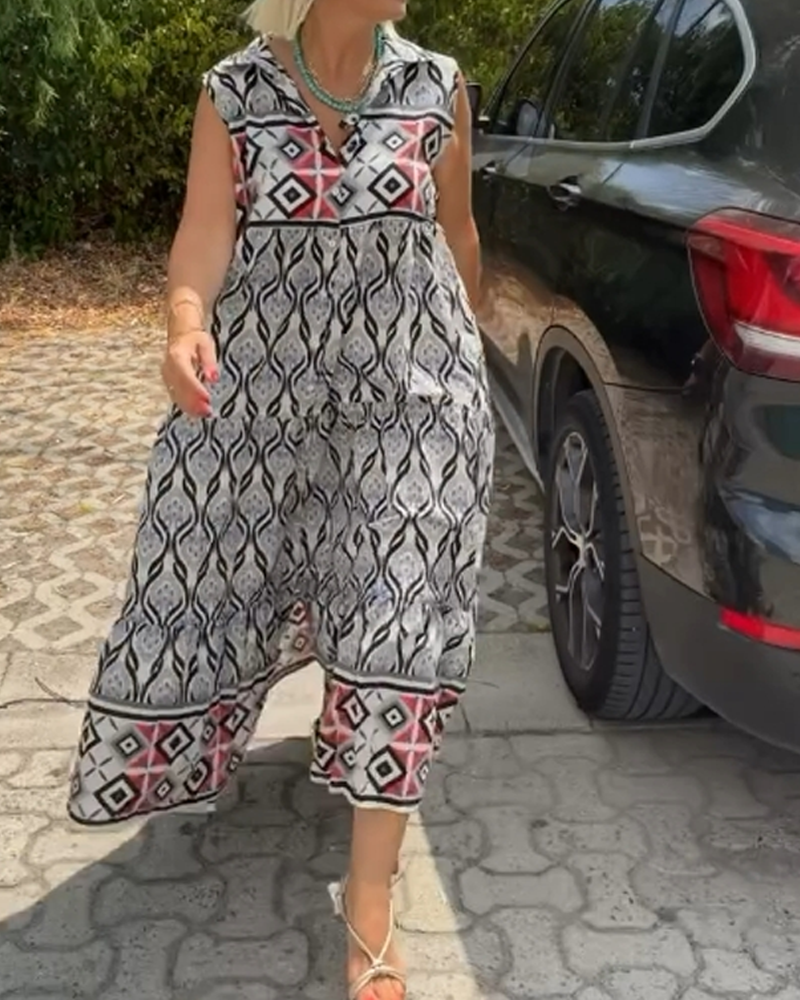 Ärmelloses Kleid mit Revers und Print