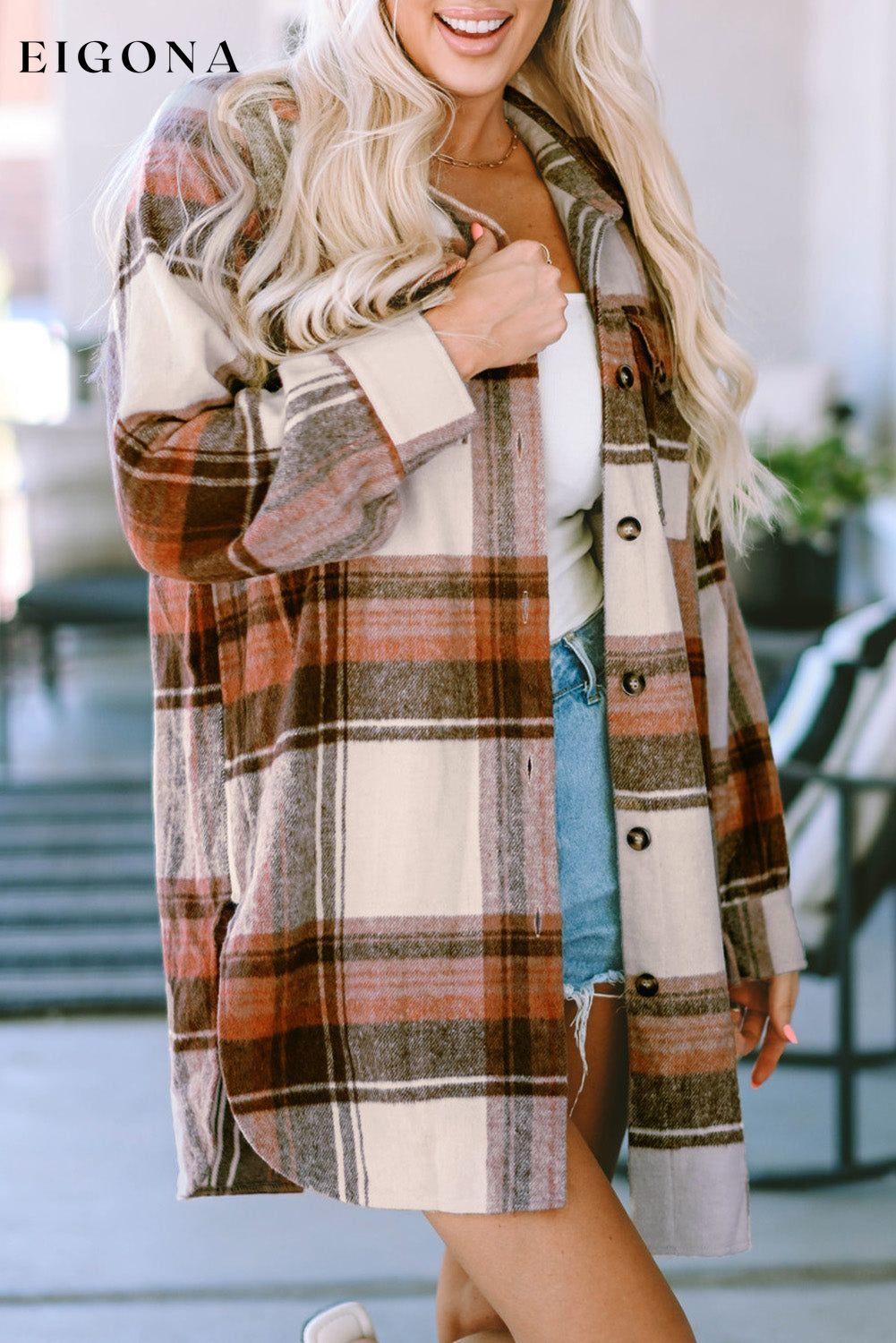 Brown Plaid Print Flap Pockets Long Shacket All In Stock Category Shacket clothes DL Exclusive DL Out West Fall To Winter Hot picks jacket Jackets & Coats Occasion Daily Print Plaid Season Winter Style Casual