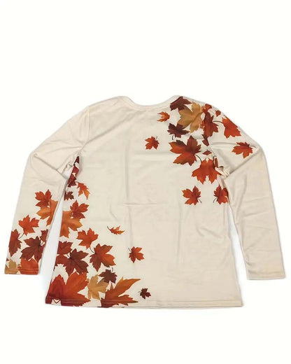 Cozy Maple Leaf Print Crew Neck Casual Long Sleeve Top 2024 f/w blouses & shirts thanksgiving