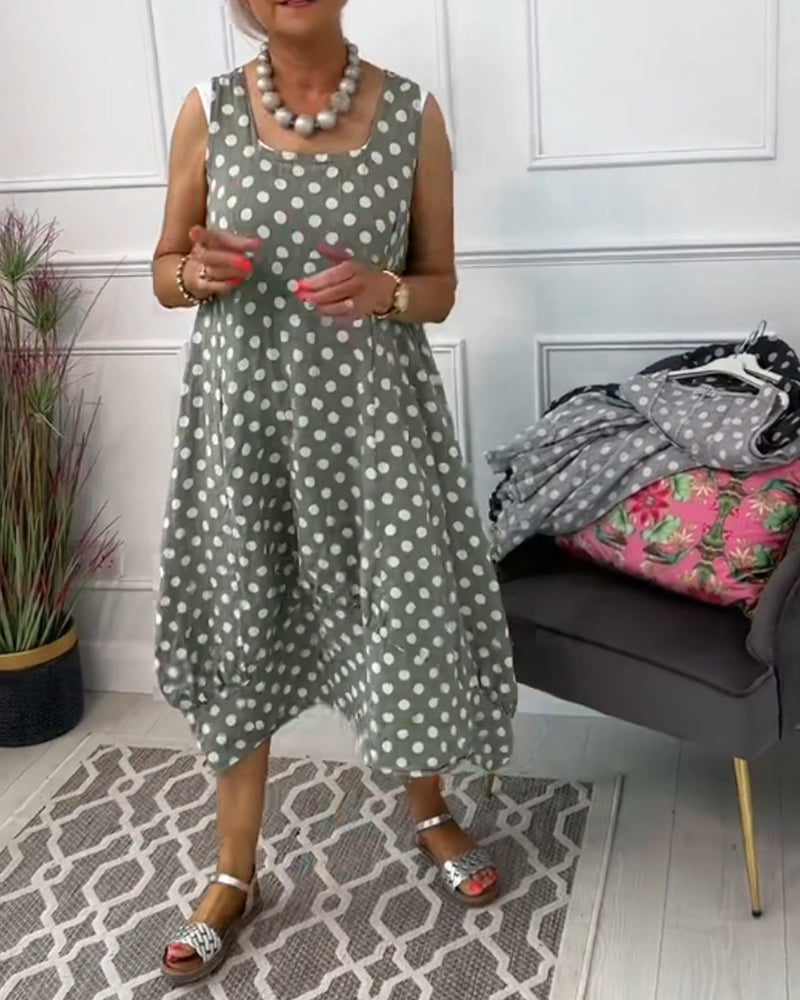 Sleeveless polka dot print casual dress