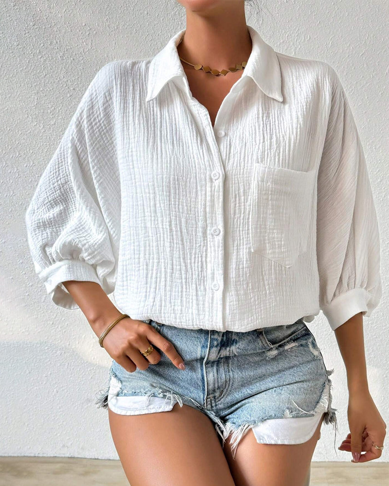 Einfarbiges Hemd mit Revers, Plissee und Laternenärmeln