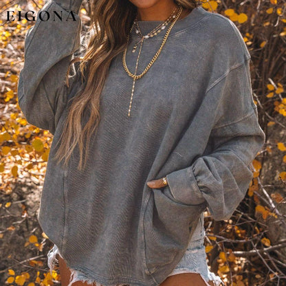 Gray Exposed Seam Twist Open Back Oversized Sweatshirt All In Stock Best Sellers clothes Craft Patchwork Craft Washed Early Fall Collection long sleeve shirts long sleeve top Occasion Daily Print Solid Color Season Winter Style Casual Sweater sweaters Sweatshirt