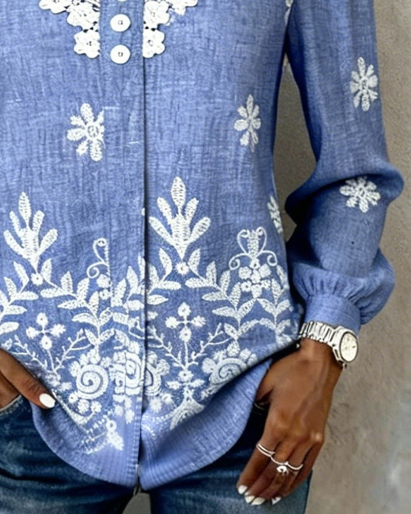 Puff Sleeve Embroidered Lace Trim Shirt