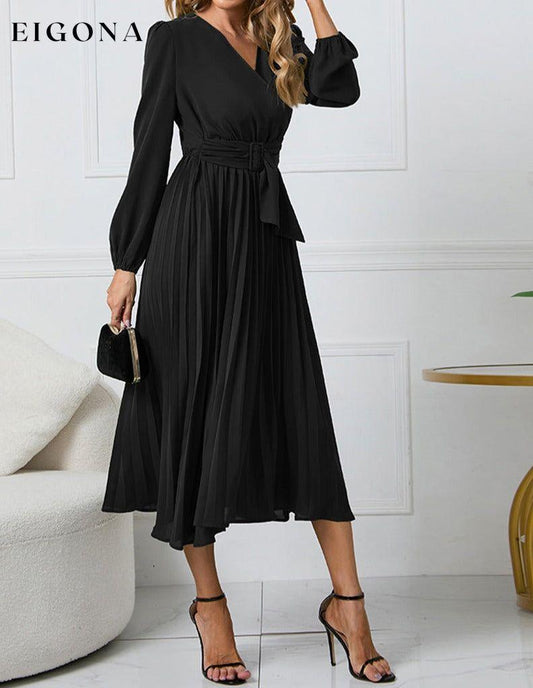 V-Neck Long Sleeve Tie Waist Midi Dress Black clothes H.Y.G@E Ship From Overseas Shipping Delay 09/29/2023 - 10/03/2023 trend