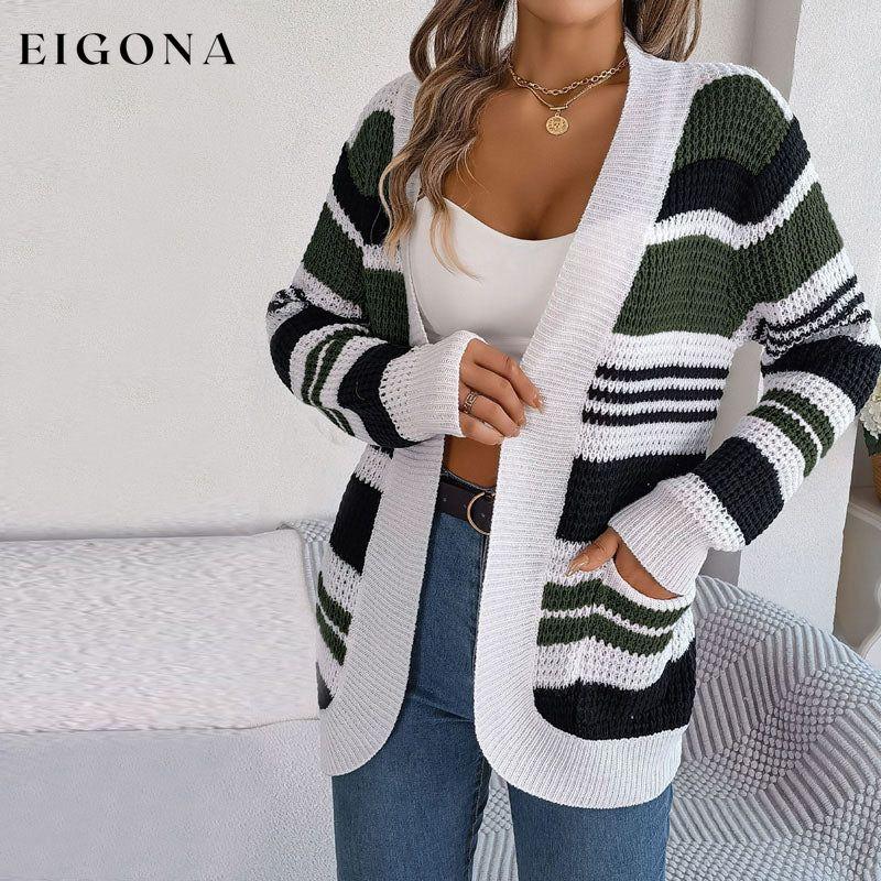 Casual Striped Knitted Cardigan Army Green best Best Sellings cardigan cardigans clothes Sale tops Topseller