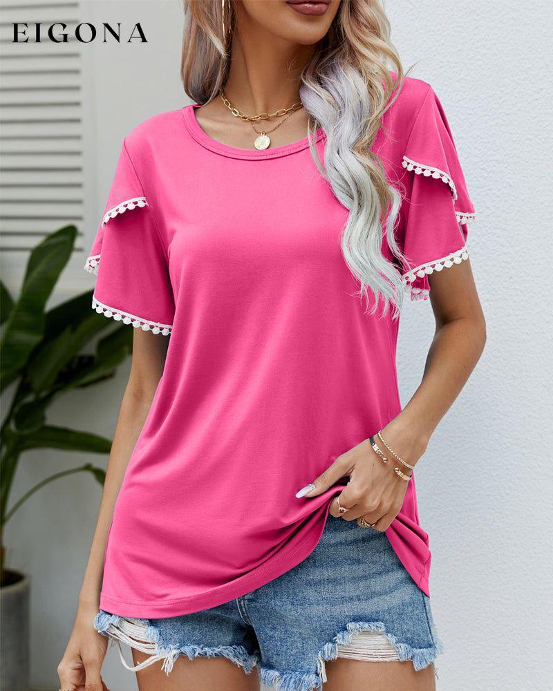 Round Neck T-shirt with Short Sleeves Fuchsia 23BF clothes Short Sleeve Tops Spring Summer T-shirts Tops/Blouses