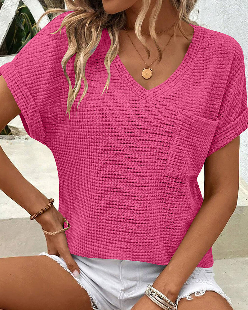 Women's Waffle Knit V-Neck Casual Summer T-shirt