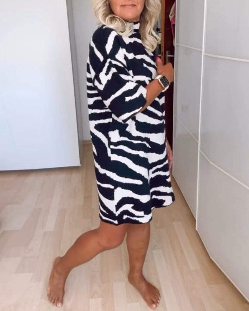 Half turtleneck zebra print half sleeve dress 2024 F/W spring Sweater Dresses