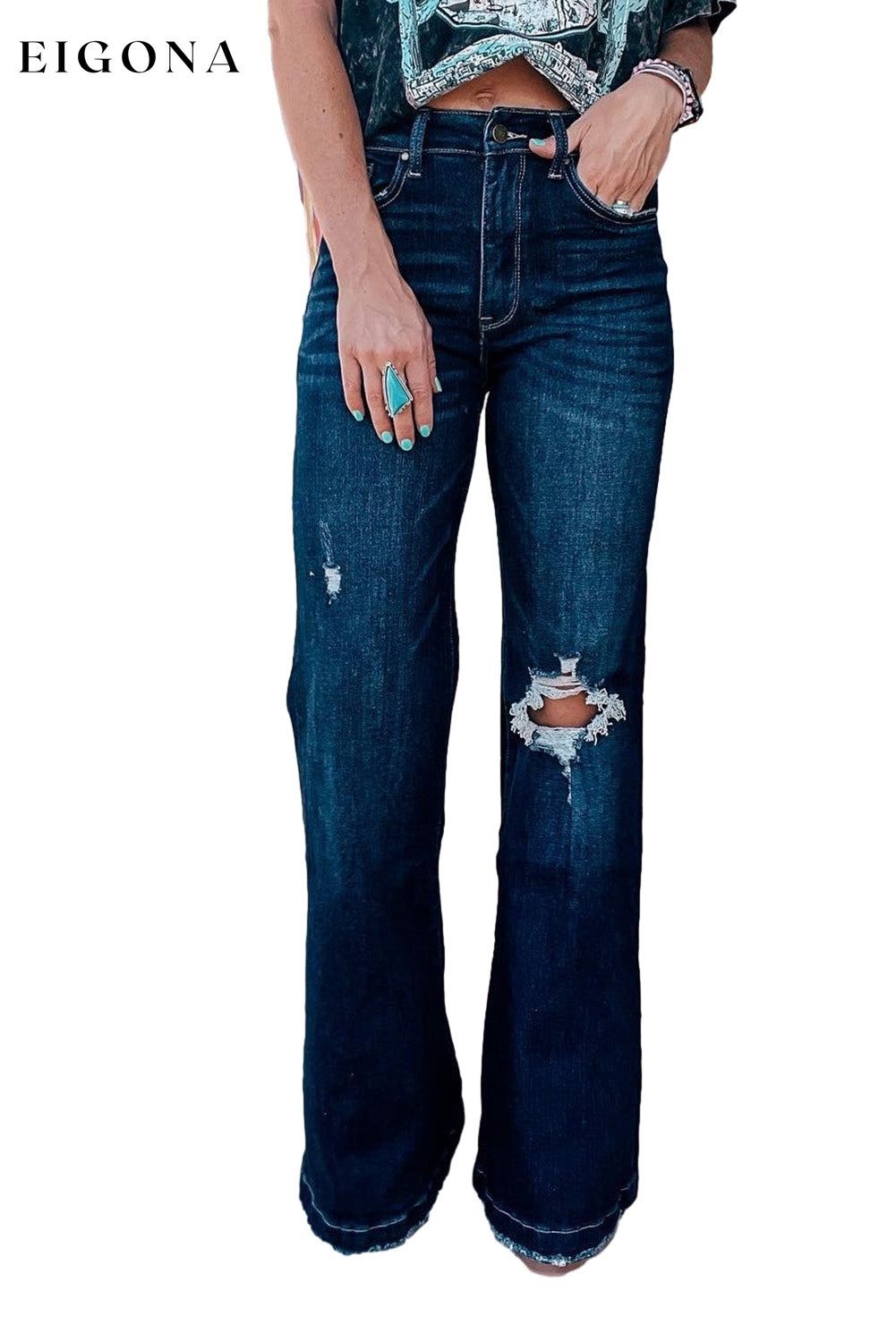 Real Teal High Rise Ripped Bell Bottom Jeans All In Stock bottom bottoms clothes Craft Distressed Fabric Denim Flare Jeans Jeans Occasion Daily pants Print Solid Color Season Spring Silhouette Straight Leg Style Western Women's Bottoms