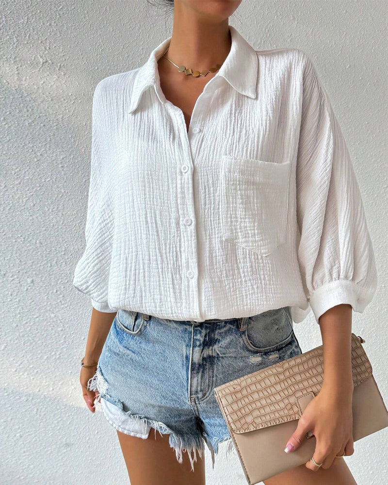 Einfarbiges Hemd mit Revers, Plissee und Laternenärmeln