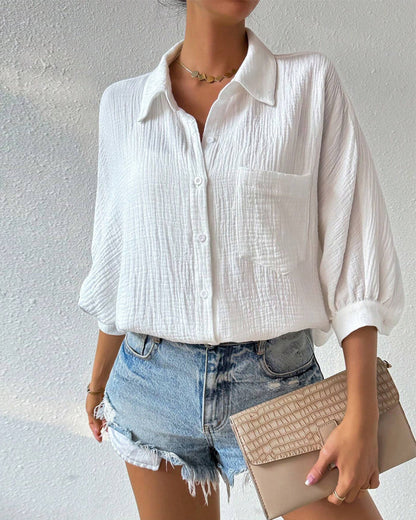 Einfarbiges Hemd mit Revers, Plissee und Laternenärmeln