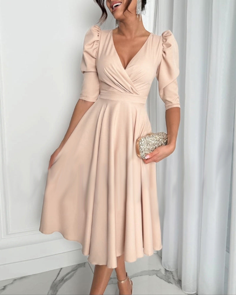 V-Neck Puff Sleeve Waist Dress 2024 f/w casual dresses