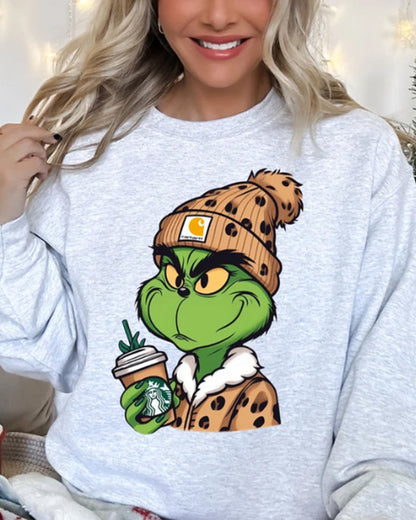 Grinch leopard print casual pullover sweatshirt 2024 f/w christmas sweatshirts