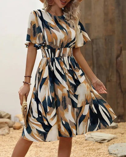 Commuting style waist-cinching printed dress casual dresses summer