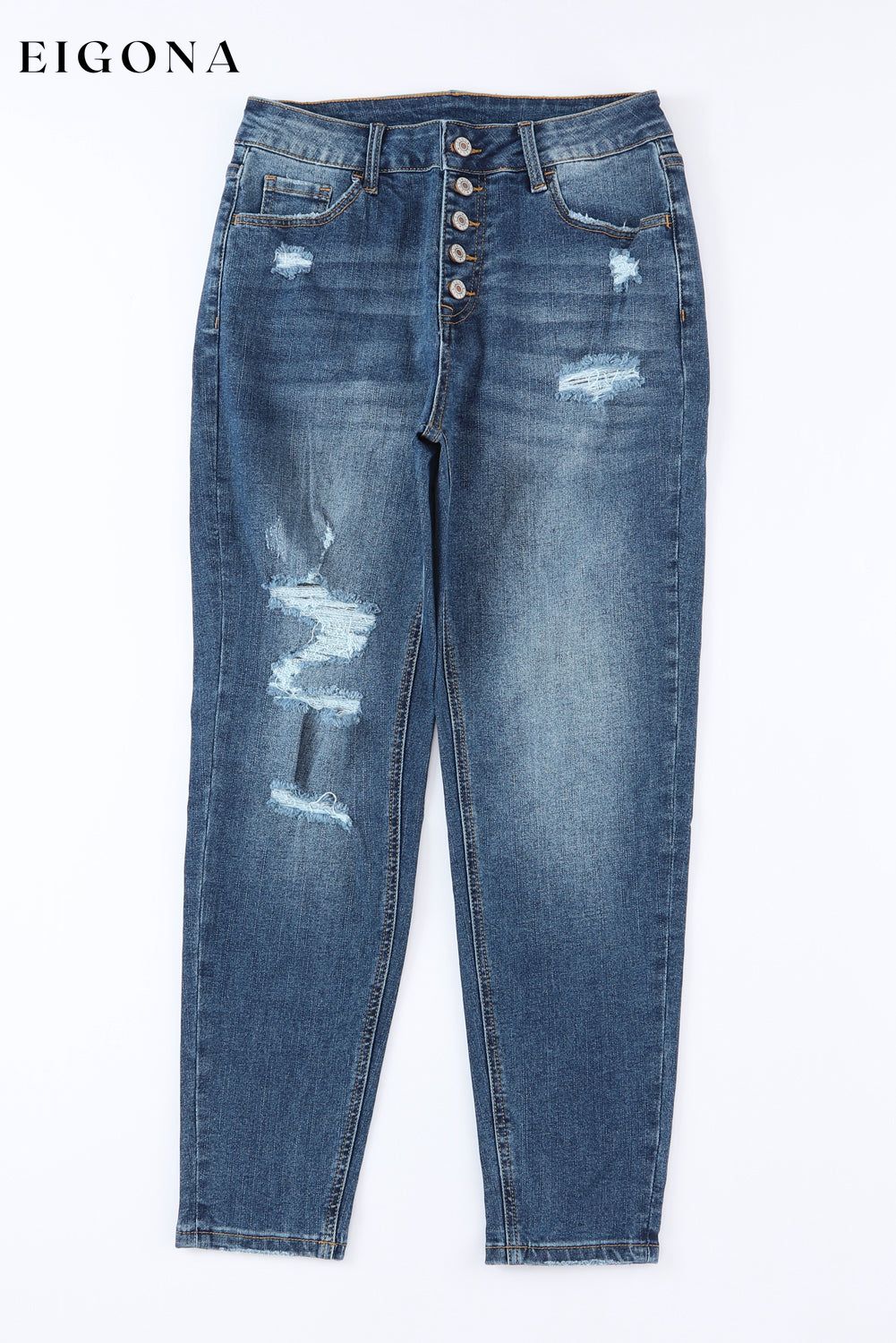 Blue Distressed Button Fly High Waist Skinny Jeans All In Stock Best Sellers bottom clothes Color Blue Craft Distressed Early Fall Collection Fabric Denim Hot picks jeans Occasion Daily pants Season Spring Style Southern Belle