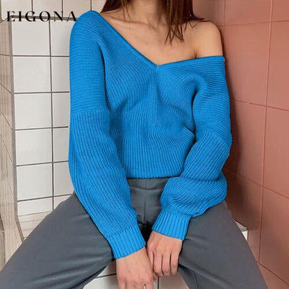 V-Neck Dropped Shoulder Long Sleeve Sweater Cobalt Blue clothes Ship From Overseas Sweater sweaters Sweatshirt T*Y