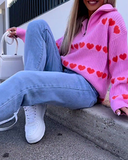 Lapel zipper heart print pullover 2024 f/w pullovers