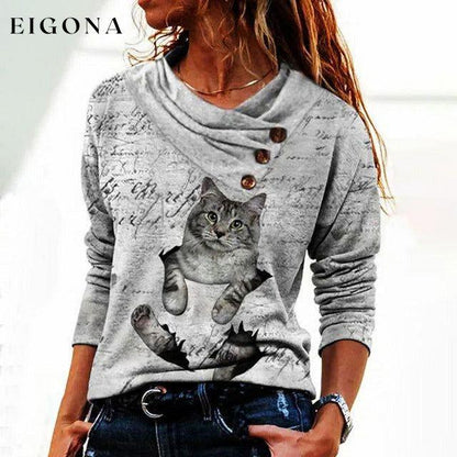 Cat Print Casual Blouse Gray best Best Sellings clothes Plus Size Sale tops Topseller