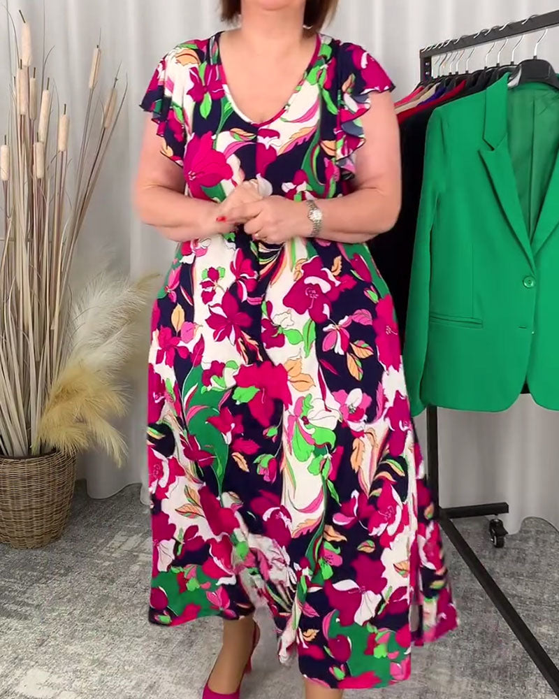 Kleid mit buntem Blumendruck und V-Ausschnitt