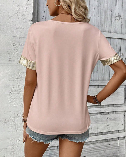 Lässiges Kurzarm-T-Shirt mit V-Ausschnitt und Pailletten