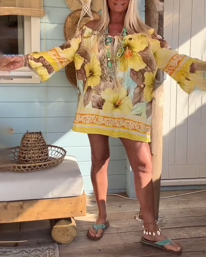 Schulterfreie Bluse mit Resort-Print