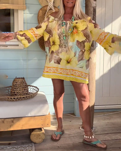 Schulterfreie Bluse mit Resort-Print