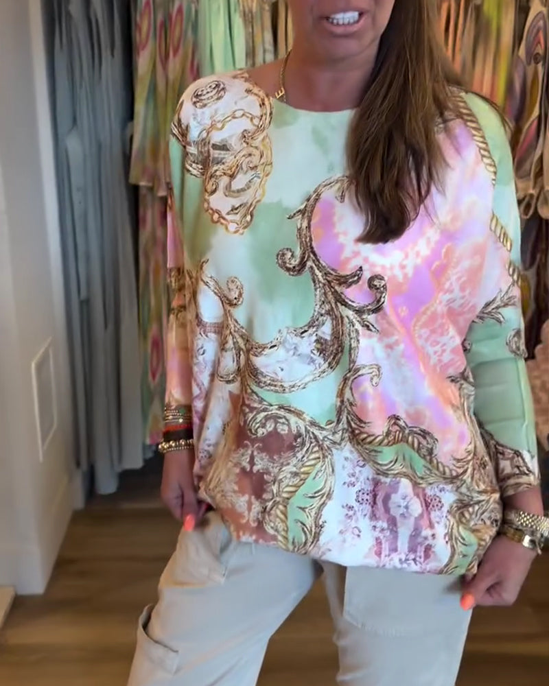 Print Loose Drop Shoulder Long Sleeve Top