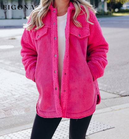 Bright Pink Faux Suede Sherpa Patchwork Button-up Shacket All In Stock Best Sellers clothes Color Pink EDM Monthly Recomend Fabric Fleece Hot picks Jackets & Coats Occasion Daily Print Solid Color Season Winter Style Southern Belle