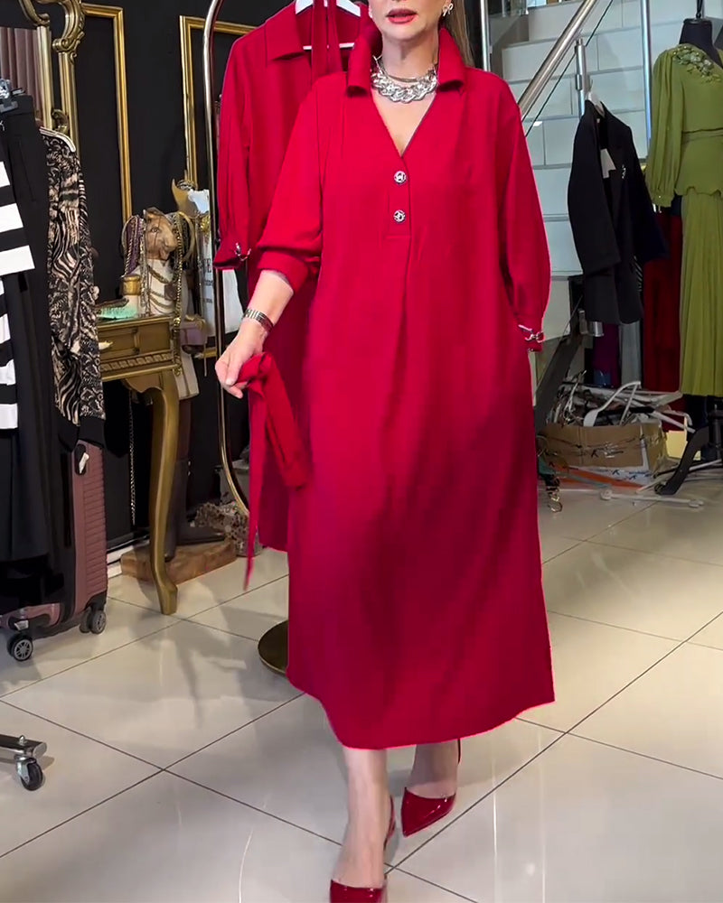 Fashion solid color lapel lace-up long sleeve dress 2024 f/w casual dresses spring