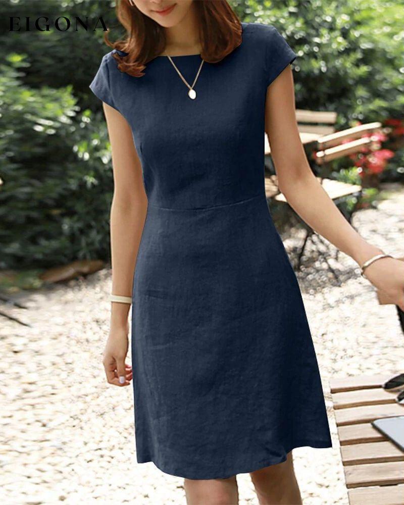 Cotton and linen solid color short-sleeved dress Dark blue 23BF Casual Dresses Clothes Cotton and Linen Dresses Summer