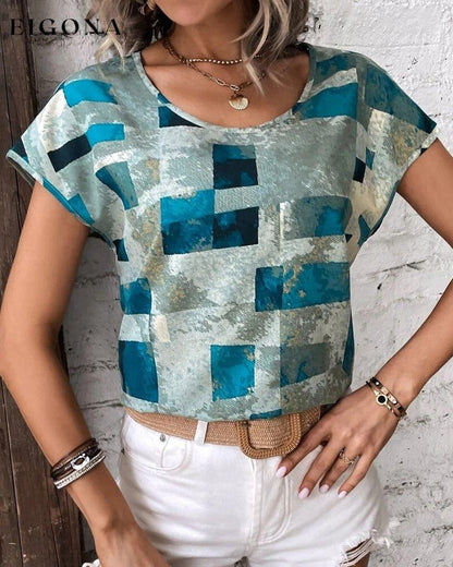 Geometric Print Crew Neck T-shirt Blue 23BF clothes Short Sleeve Tops Spring Summer T-shirts Tops/Blouses