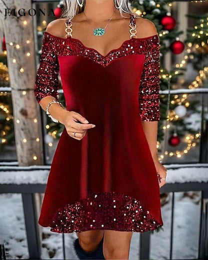 Off-the-shoulder sequin dress Burgundy 2023 F/W 23BF Clothes Dresses Evening Dresses Party Dresses