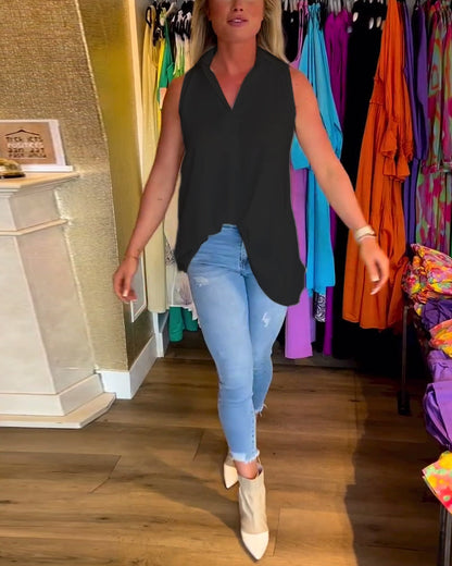 Top froncé sans manches à revers