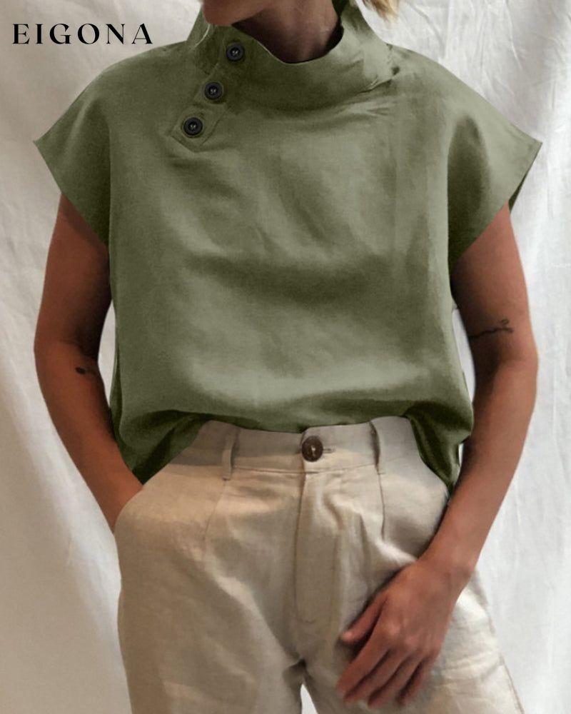 Cotton & Linen Button stand collar top 23BF clothes Cotton and Linen Short Sleeve Tops T-shirts Tops/Blouses
