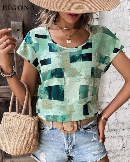 Geometric Print Crew Neck T-shirt Green 23BF clothes Short Sleeve Tops Spring Summer T-shirts Tops/Blouses