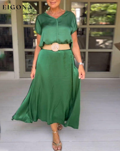 Green Elegant Neck Dress (Belt Not Included) 23BF Casual Dresses Clothes Dress Dresses Summer