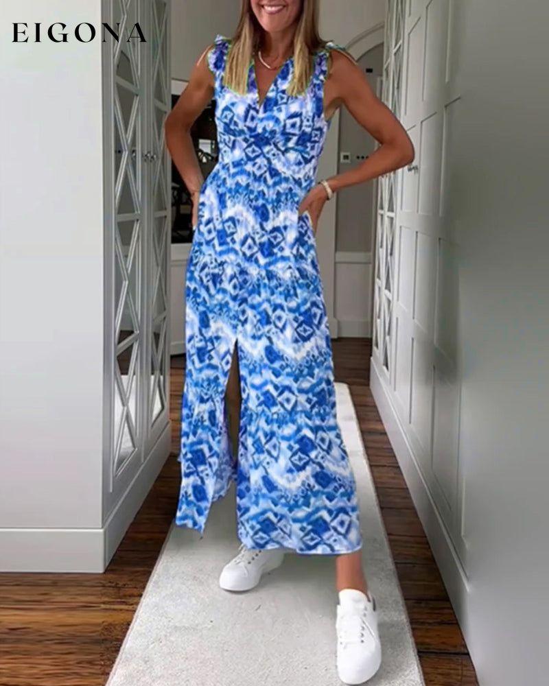 Printed Sleeveless Slit Dress Blue Casual Dresses Clothes Dresses SALE Spring Summer