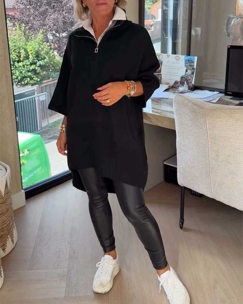 Stand Collar Half-Zip Loose Pullover