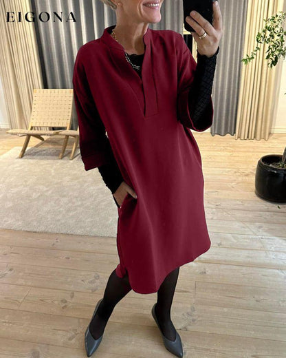 V-neck pocket Shift Solid Color dress Burgundy 2023 f/w 23BF casual dresses Clothes Dresses spring