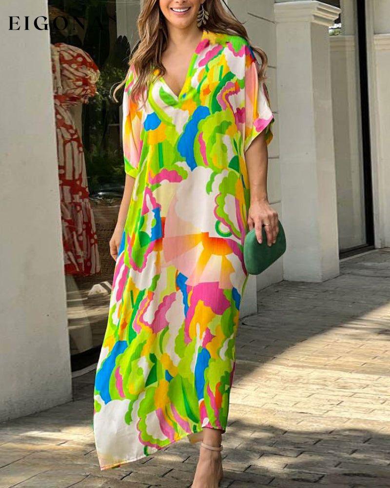 Eyecatching V Neck Color Block Print Dress Green 23BF Casual Dresses Clothes Dresses Spring Summer