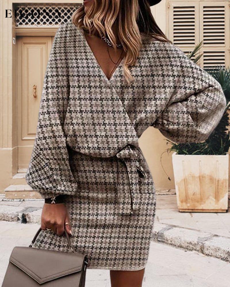 Houndstooth v-neck elegant dress 2023 F/W 23BF Casual Dresses Clothes Dresses Elegant Dresses Spring