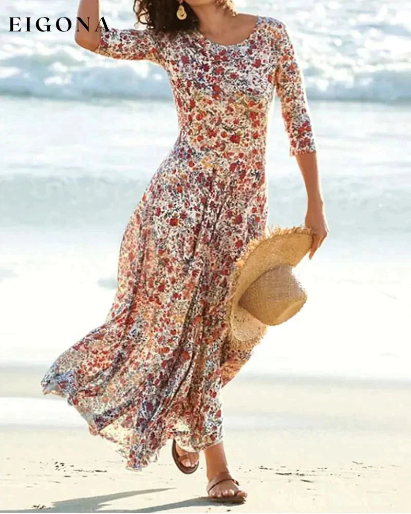 Floral Print Dress with 3/4 Sleeves Red 23BF Casual Dresses Clothes Dresses