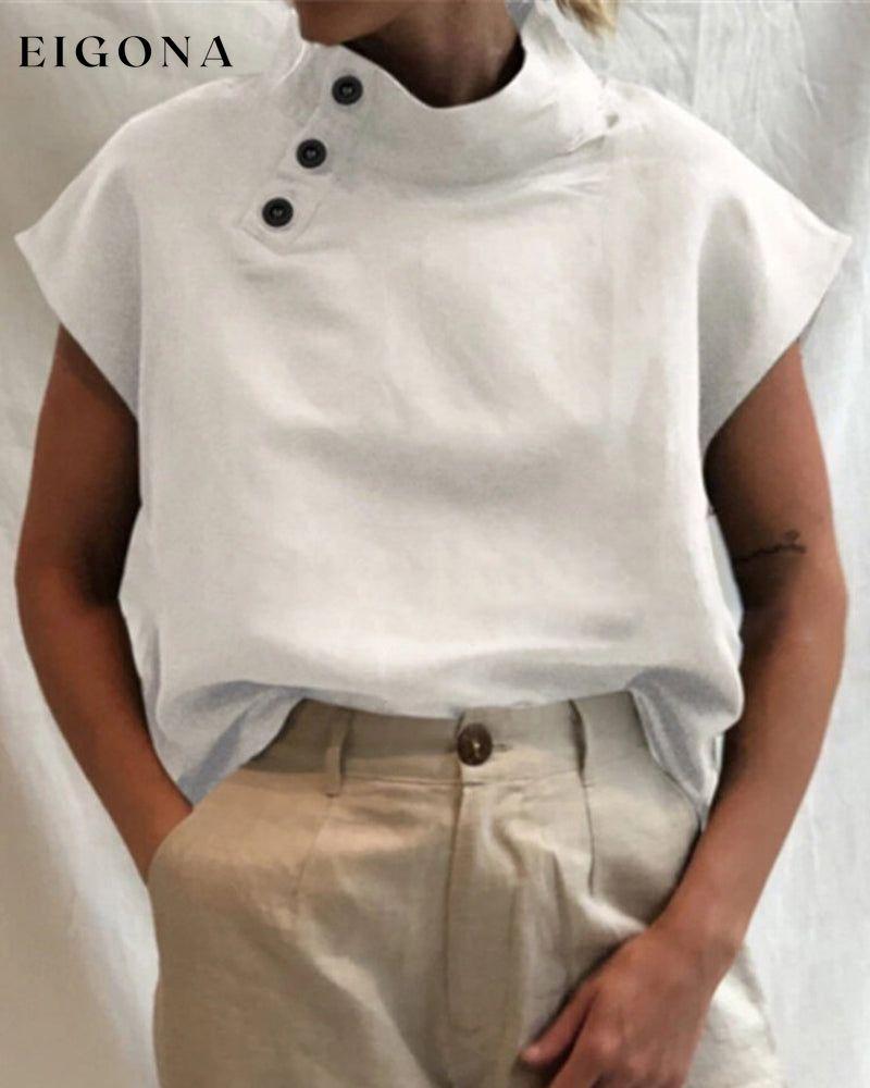 Cotton & Linen Button stand collar top 23BF clothes Cotton and Linen Short Sleeve Tops T-shirts Tops/Blouses