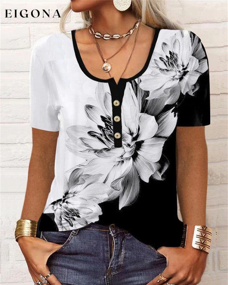 Button short sleeve u-neck printed blouse Black 23BF Blouses & Shirts clothes Short Sleeve Tops T-shirts Tops/Blouses