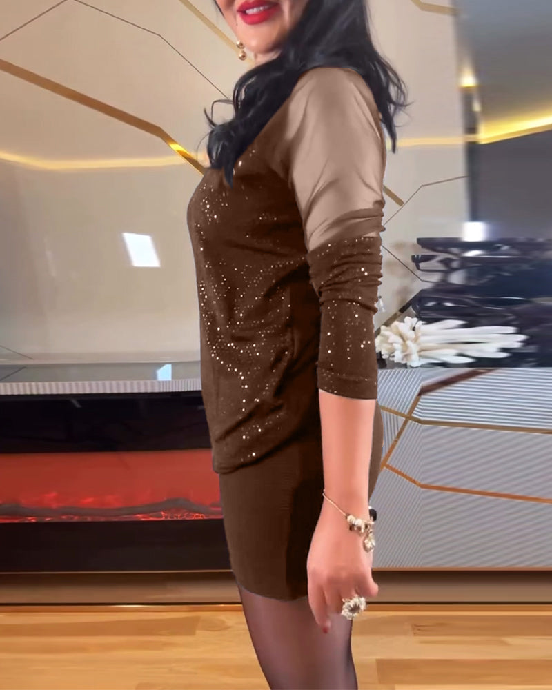 Sexy Oberteil aus Netzstoff mit V-Ausschnitt und einfarbigen Pailletten