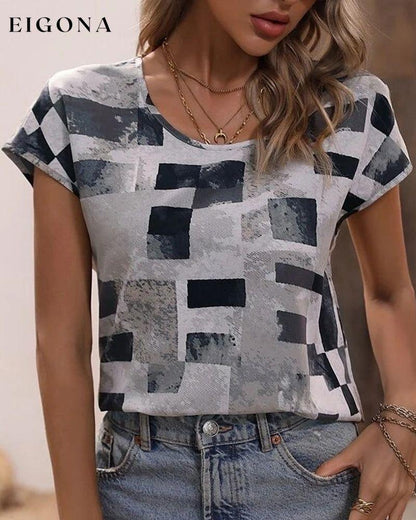 Geometric Print Crew Neck T-shirt Gray 23BF clothes Short Sleeve Tops Spring Summer T-shirts Tops/Blouses