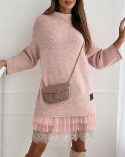 Lässiges, einfarbiges Pullover-Netzkleid-Set mit hohem Kragen